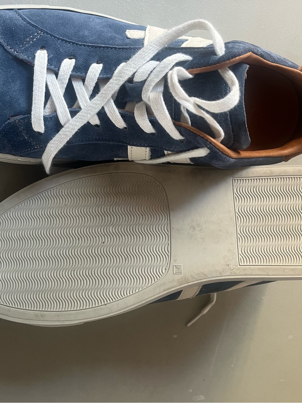 Allen Edmonds Navy Suede Sneakers with White Accents and Tan Lining - Picture 12 of 12